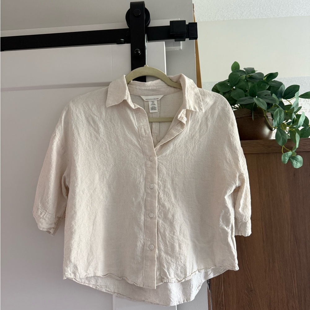 Light Beige Button-Down Linen Shirt